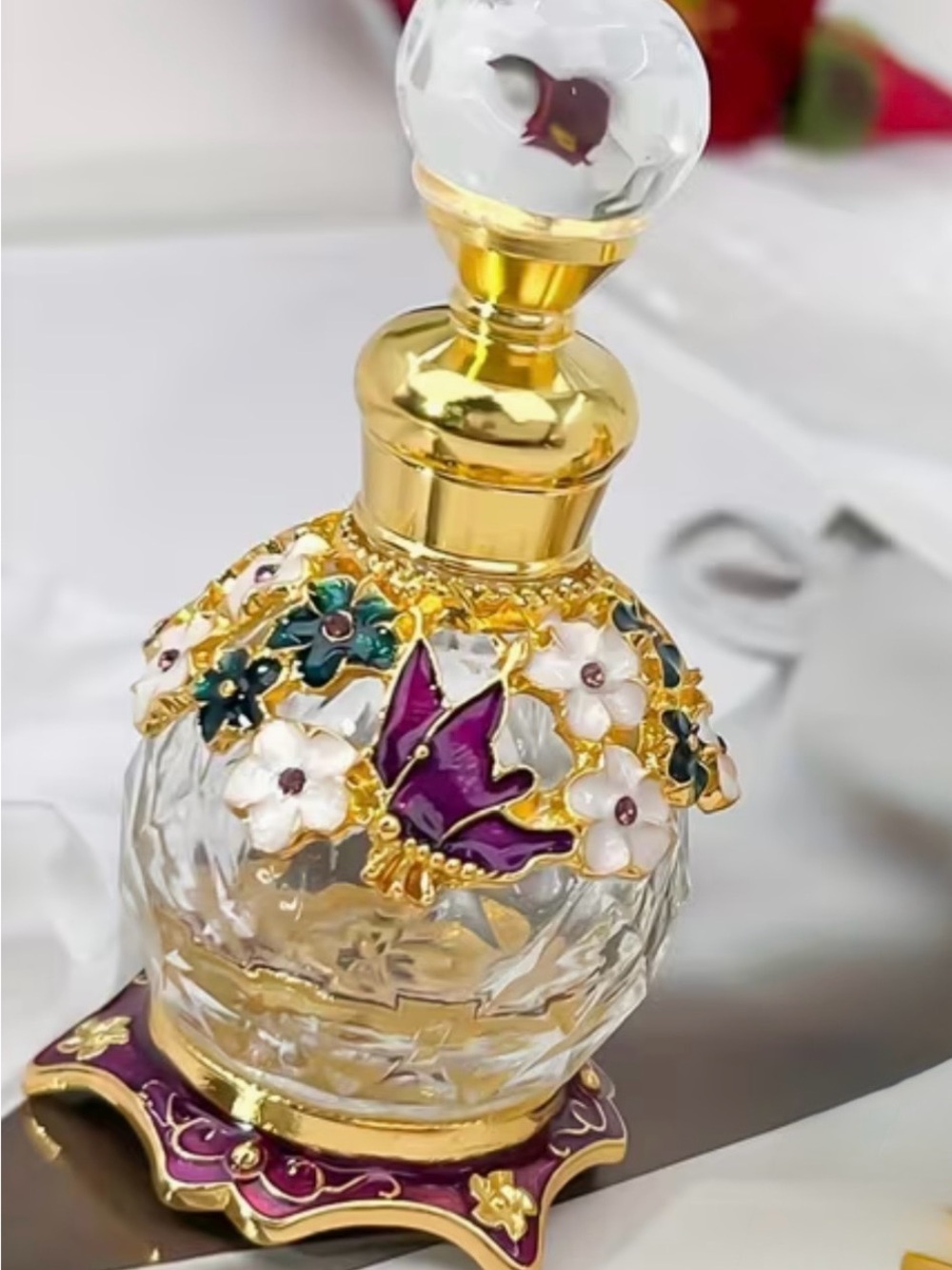 New Ornate Glass Miniature Perfume Bottle with Gold Filigree and Purple Accents - Picture 3 of 3